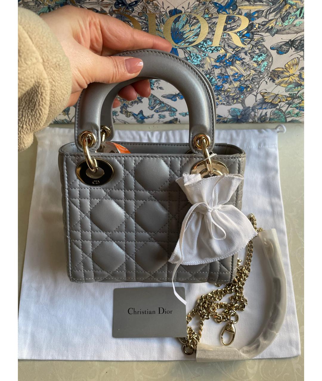 CHRISTIAN DIOR Серая кожаная сумка с короткими ручками, фото 2