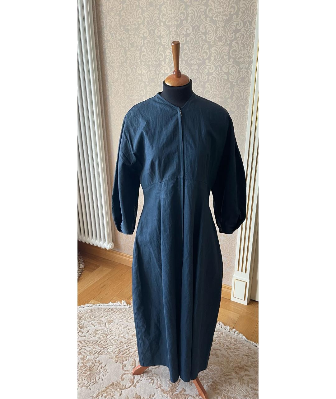 JIL SANDER Темно-синее льняное повседневное платье, фото 9
