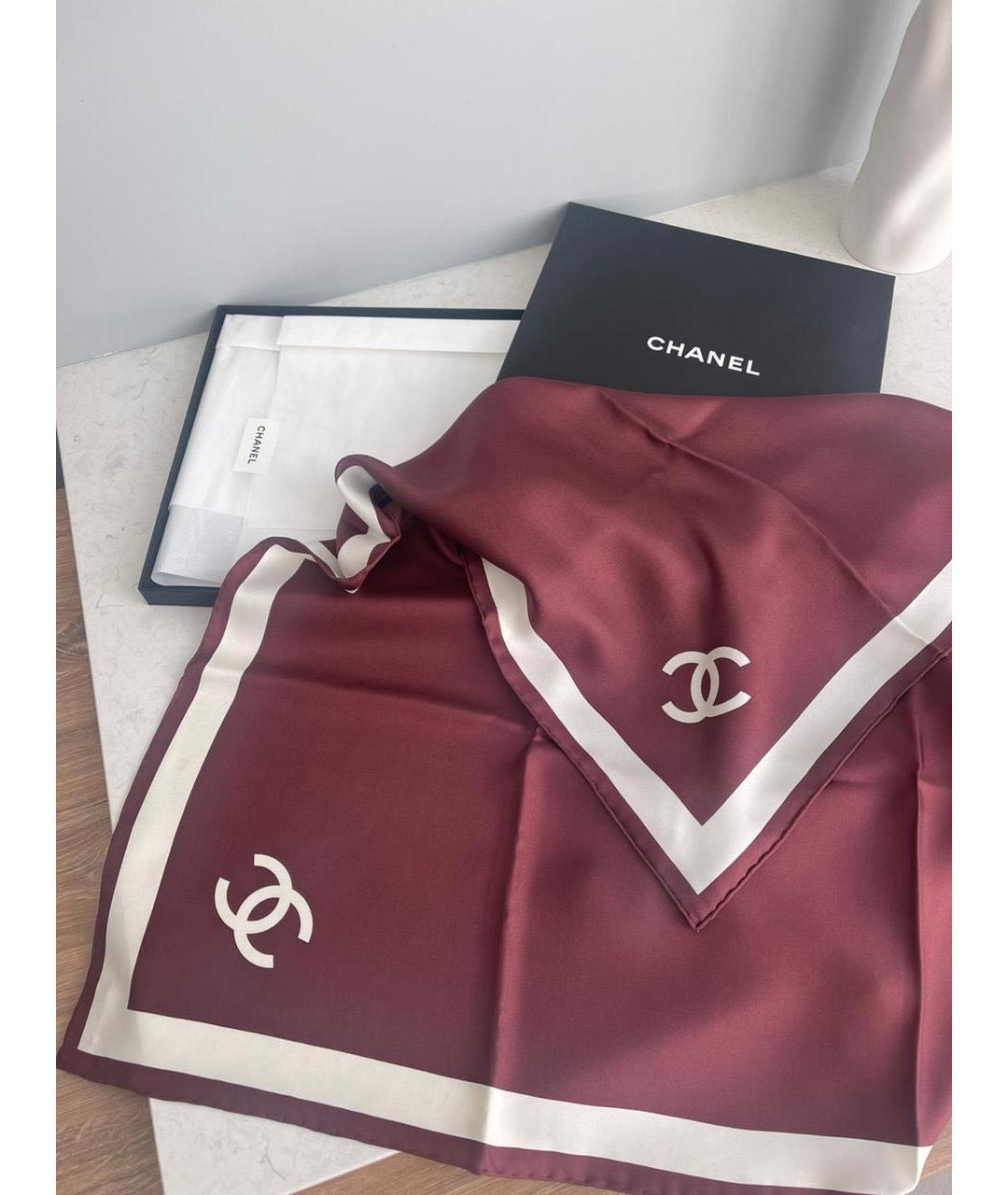 CHANEL Бордовый шелковый платок, фото 3