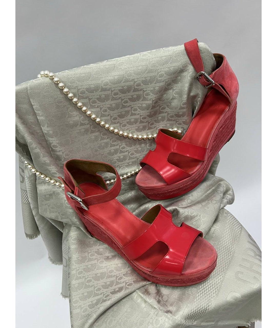 HERMES Коралловые босоножки из лакированной кожи, фото 8