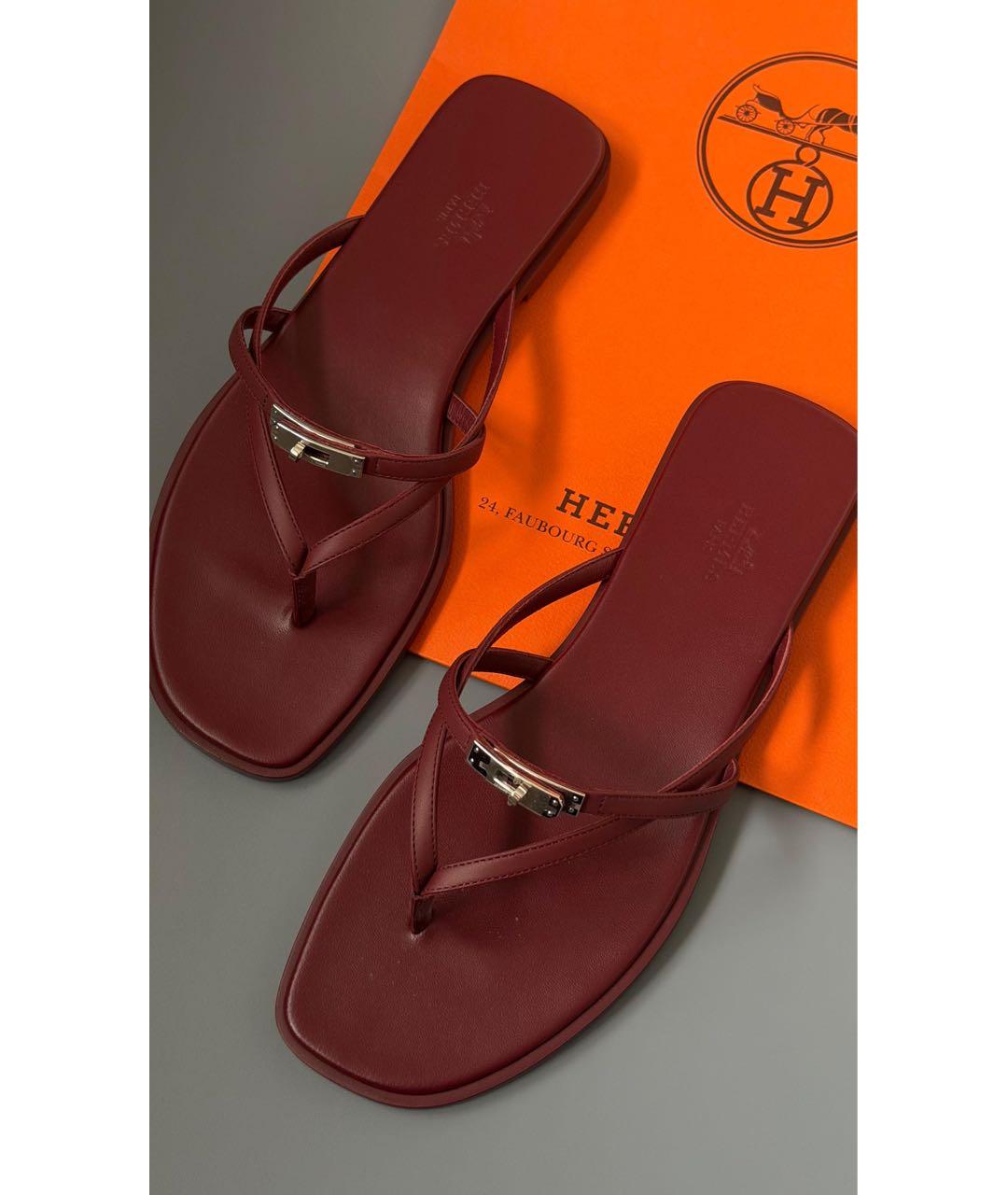 HERMES Бордовые кожаные шлепанцы, фото 3