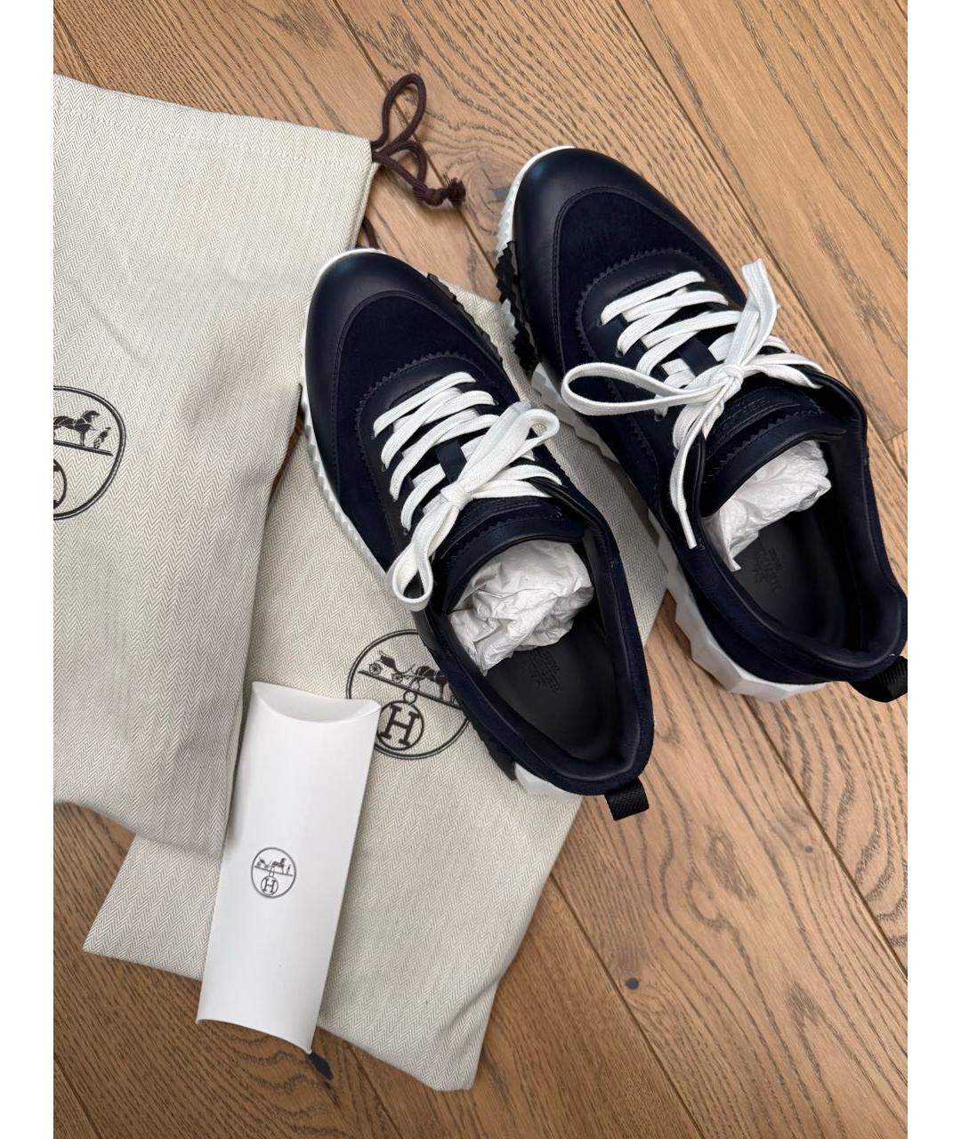 HERMES Темно-синие кожаные низкие кроссовки / кеды, фото 3