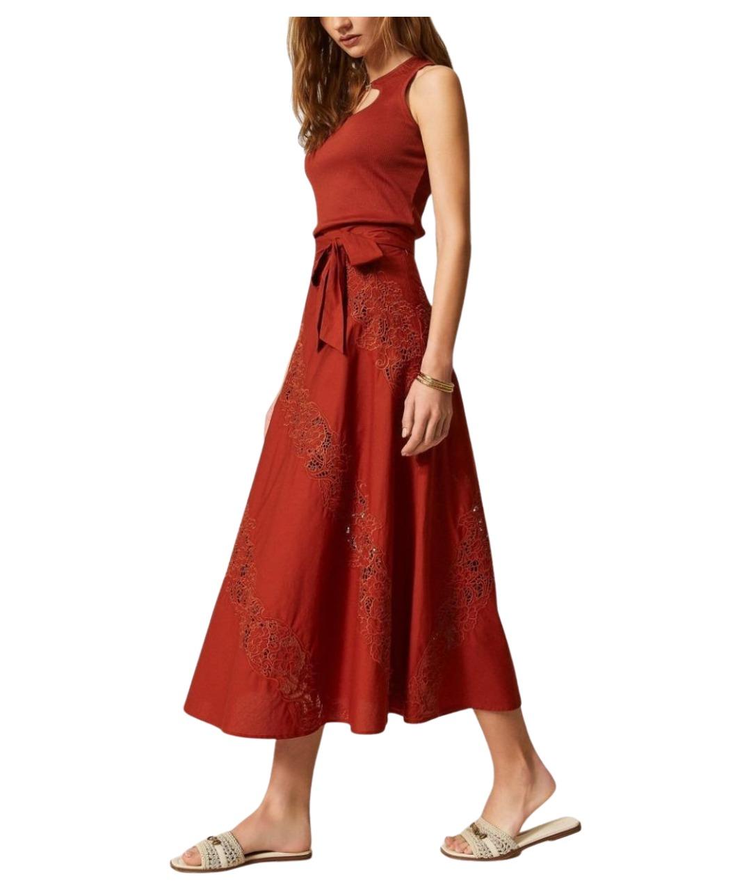 TWIN-SET Красная хлопковая юбка миди, фото 2