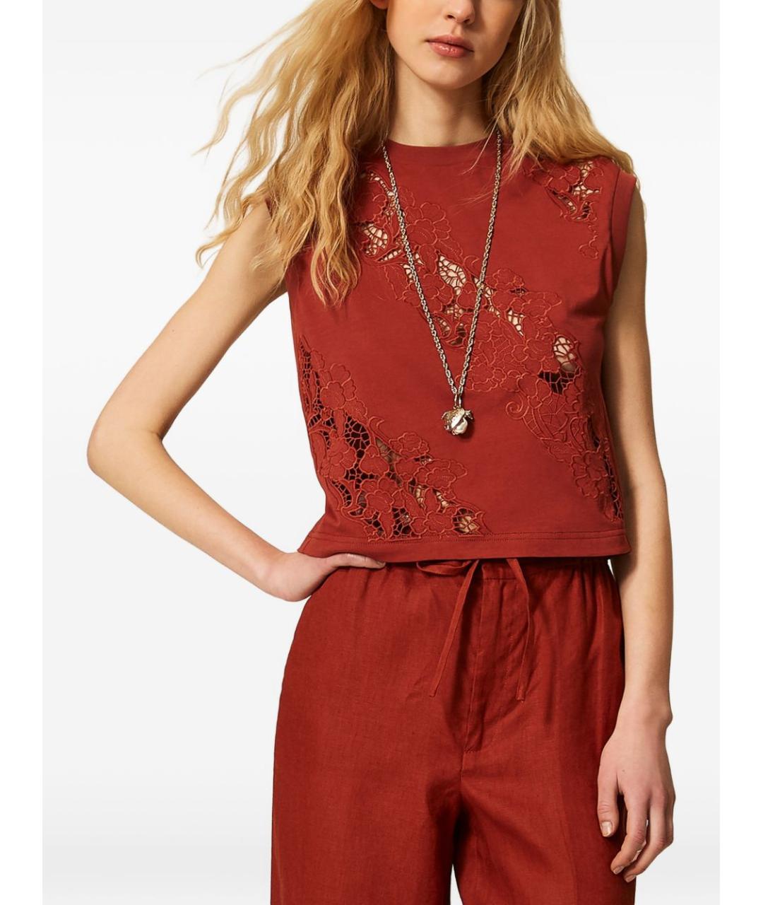 TWIN-SET Коричневая хлопковая футболка, фото 3