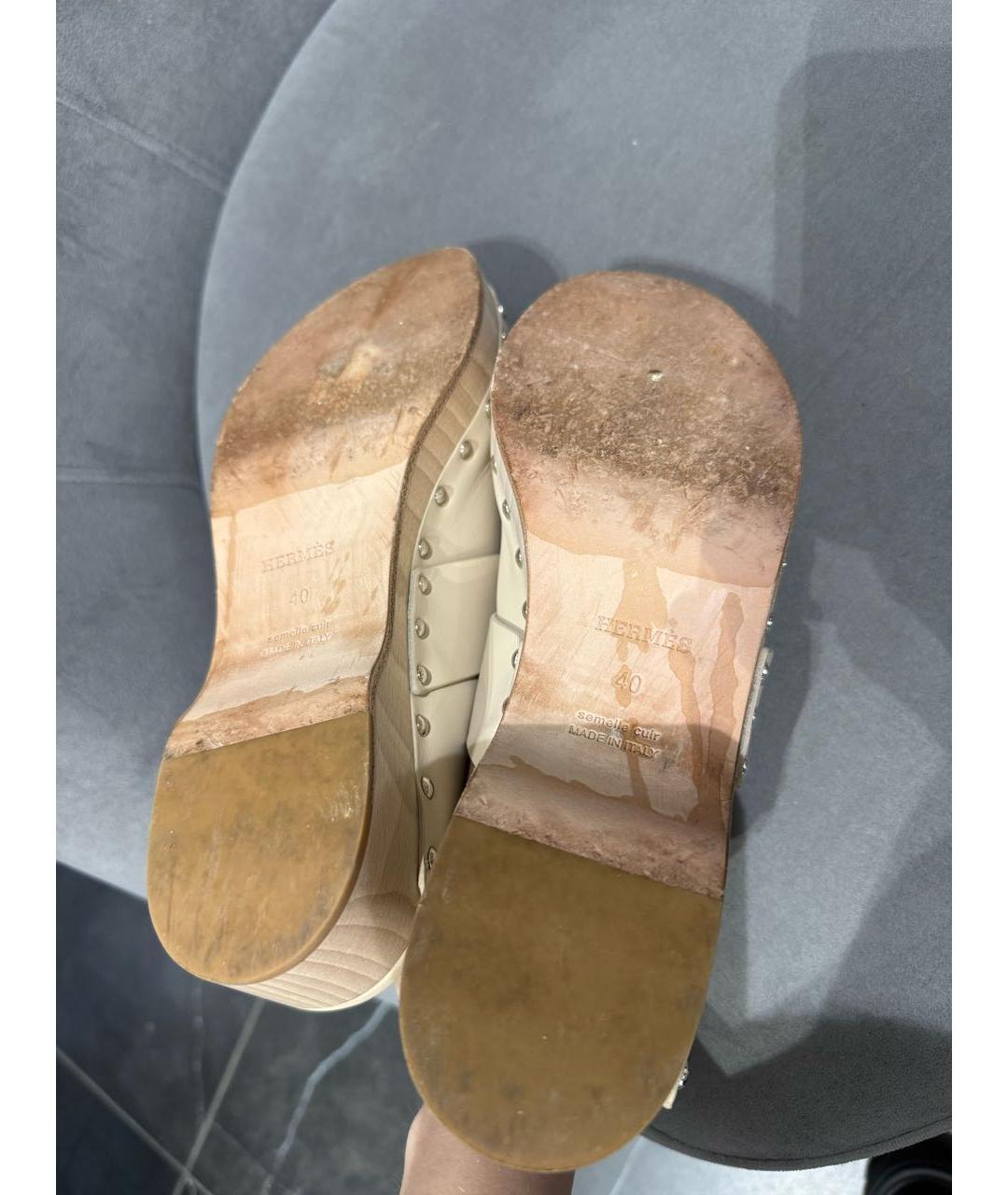 HERMES Бежевые кожаные сабо, фото 7
