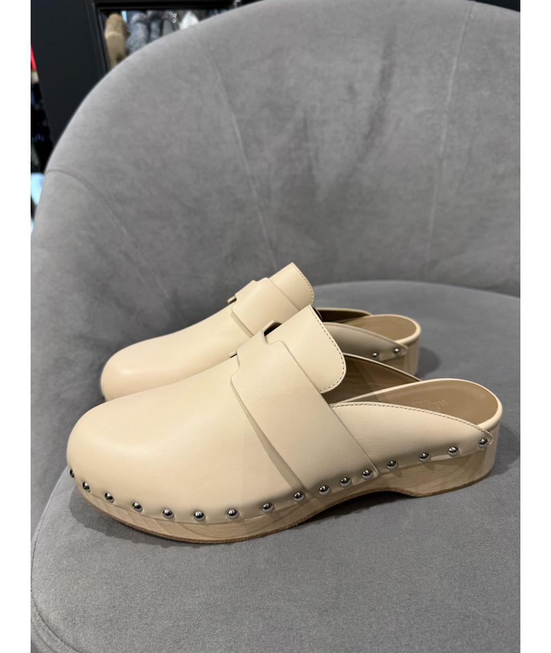 HERMES Бежевые кожаные сабо, фото 8