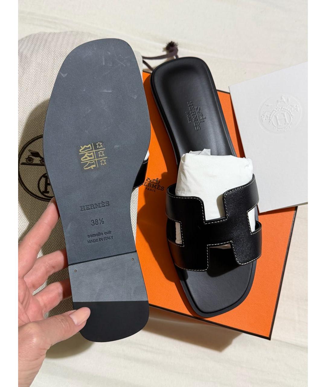HERMES Черные кожаные сандалии, фото 3