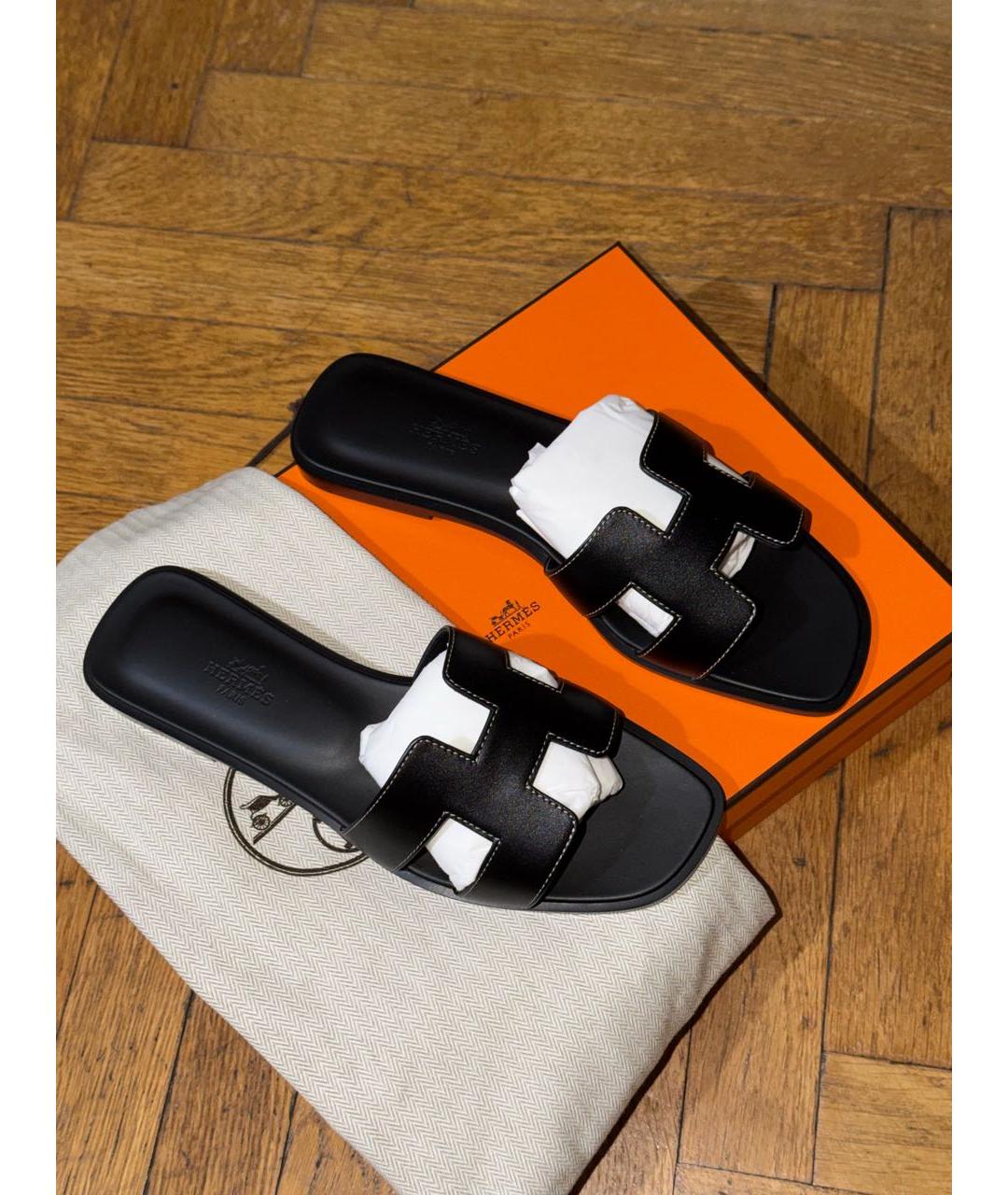 HERMES Черные кожаные сандалии, фото 2
