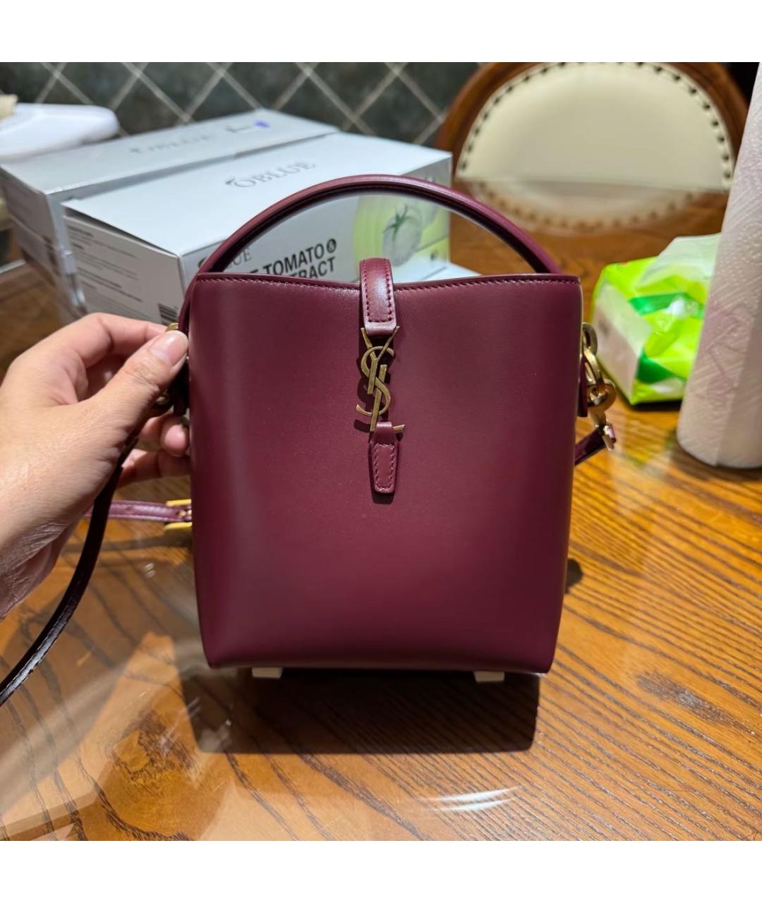 SAINT LAURENT Бордовая кожаная сумка с короткими ручками, фото 2