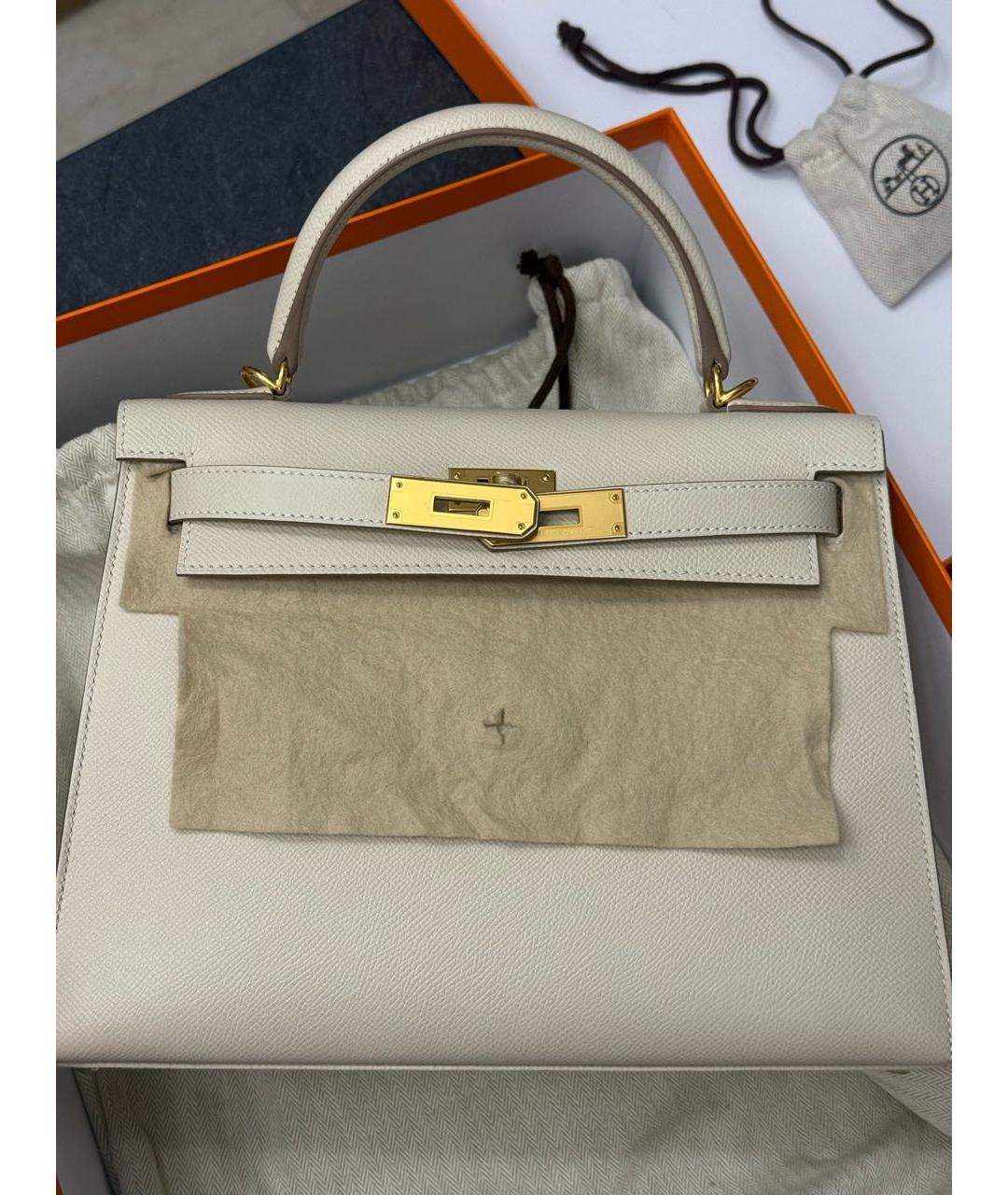 HERMES Белая кожаная сумка с короткими ручками, фото 7