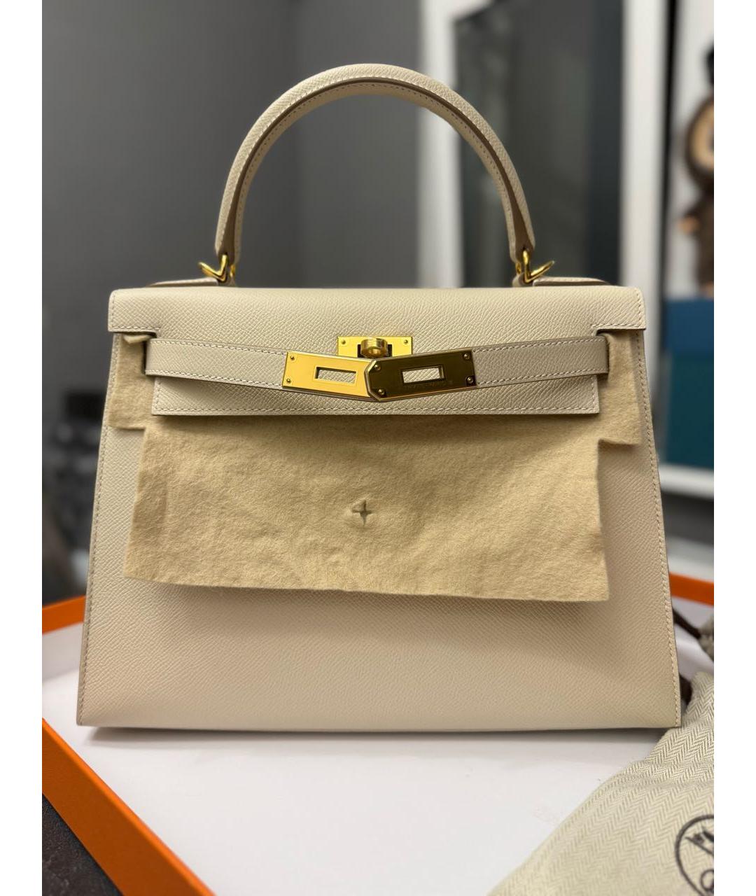 HERMES Белая кожаная сумка с короткими ручками, фото 9
