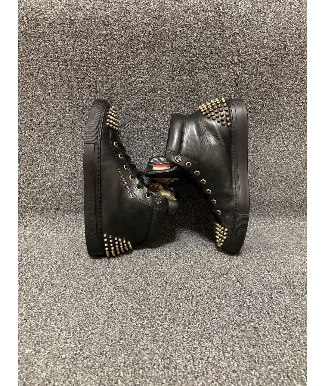 PHILIPP PLEIN Черные кожаные высокие кроссовки / кеды, фото 4