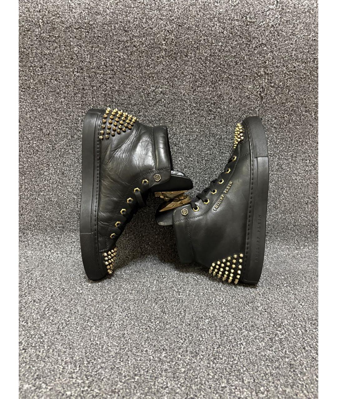 PHILIPP PLEIN Черные кожаные высокие кроссовки / кеды, фото 5