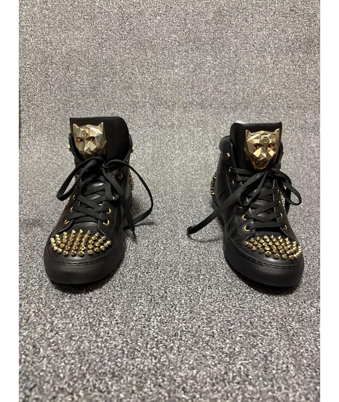 PHILIPP PLEIN Черные кожаные высокие кроссовки / кеды, фото 3