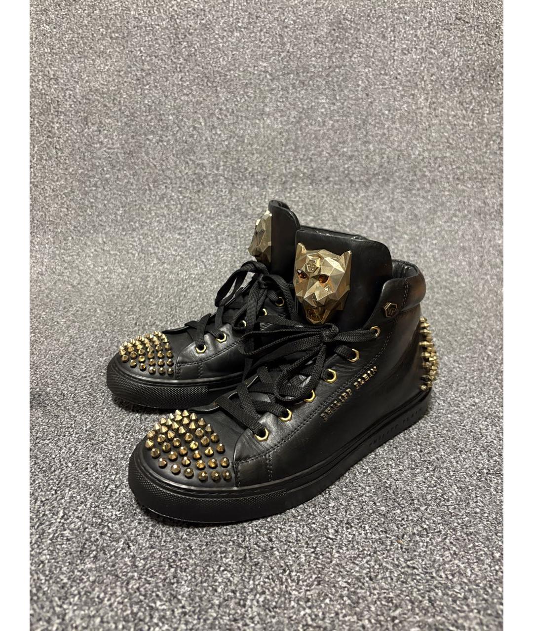 PHILIPP PLEIN Черные кожаные высокие кроссовки / кеды, фото 2