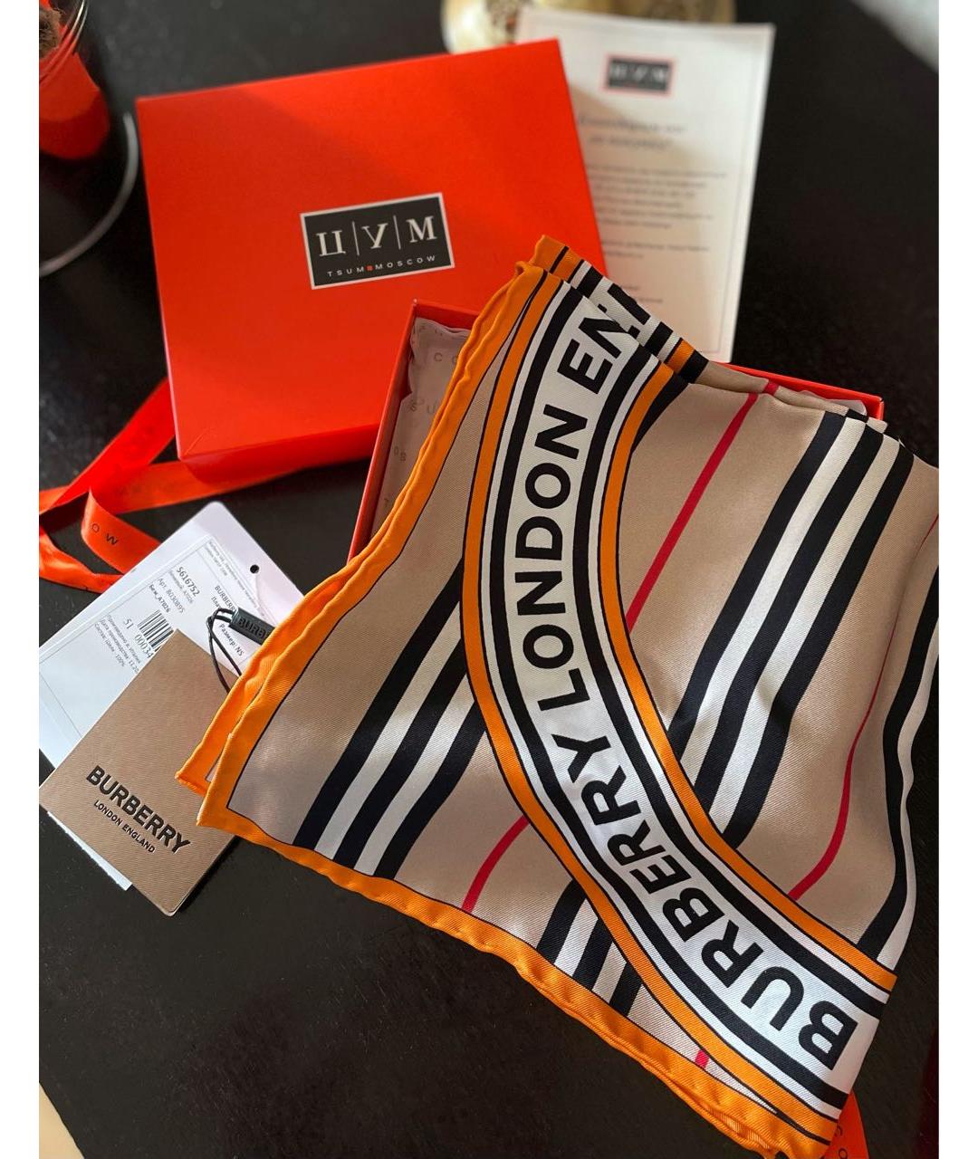 BURBERRY Бежевый шелковый платок, фото 5