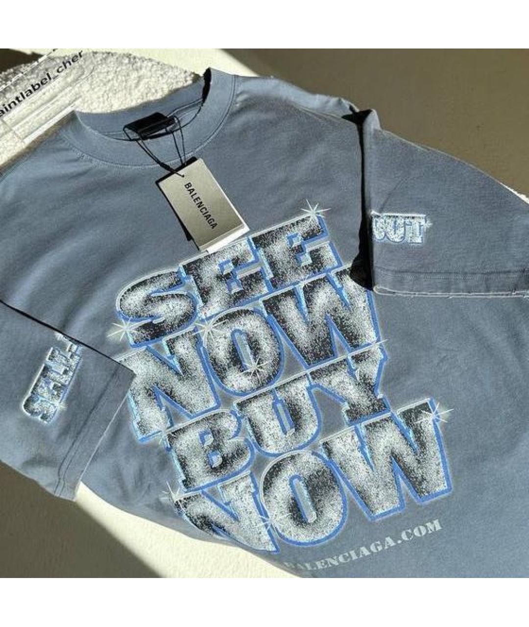 BALENCIAGA Голубая хлопковая футболка, фото 3