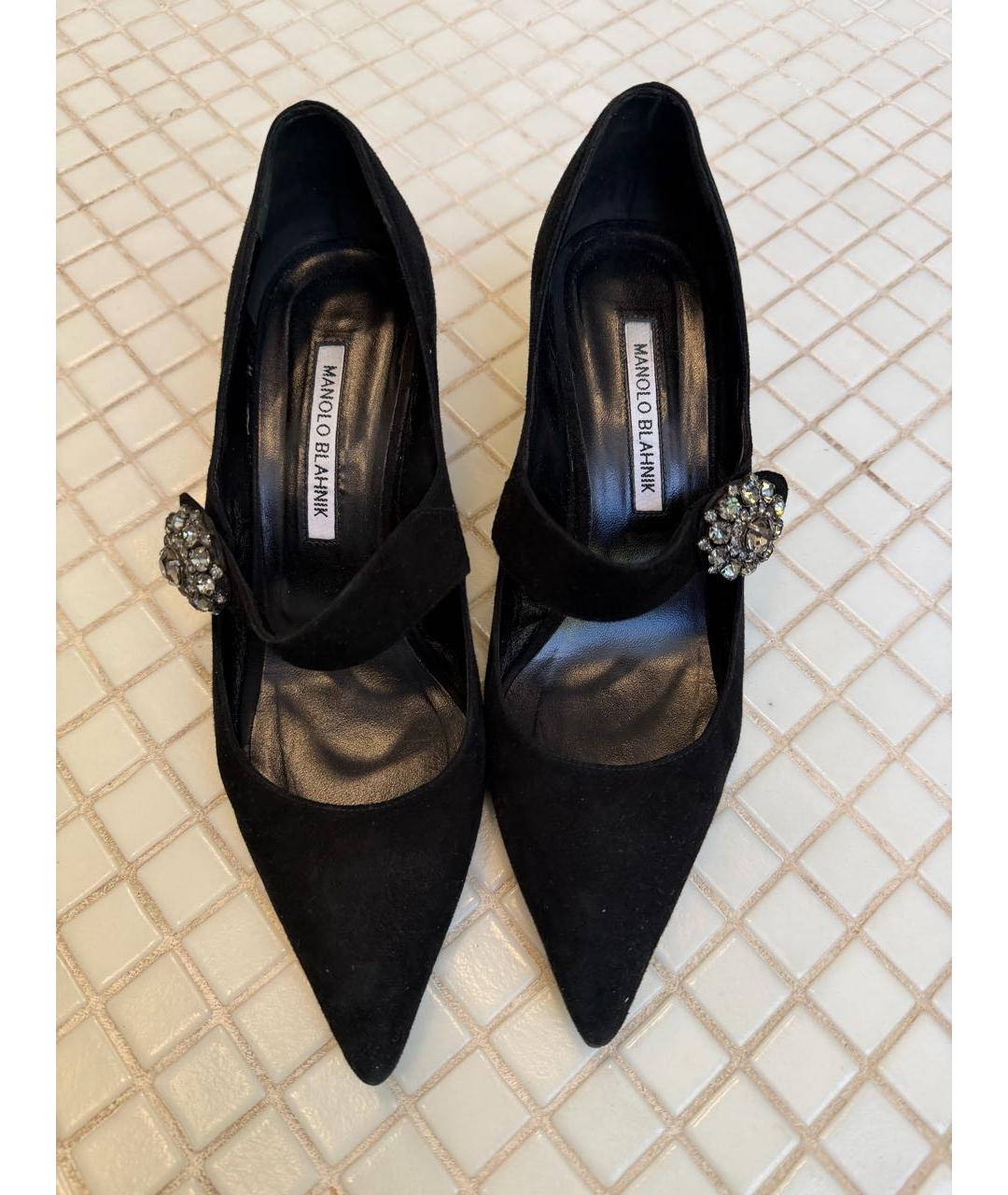 MANOLO BLAHNIK Черные замшевые лодочки на низком каблуке, фото 2