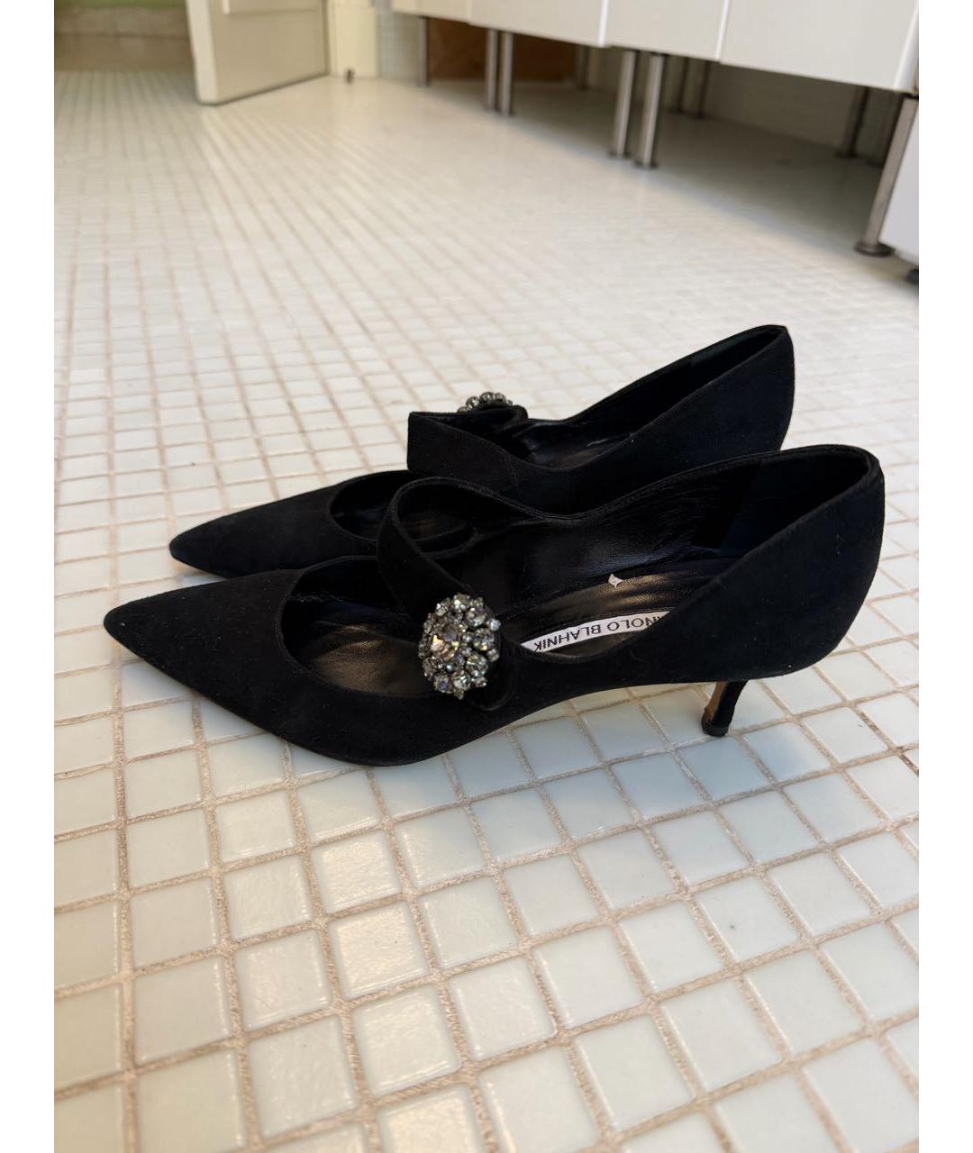 MANOLO BLAHNIK Черные замшевые лодочки на низком каблуке, фото 5