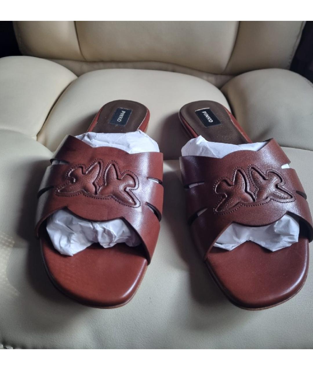 PINKO Коричневые кожаные шлепанцы, фото 3