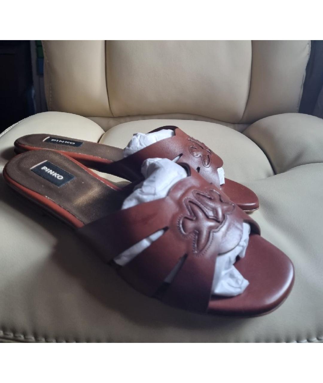 PINKO Коричневые кожаные шлепанцы, фото 2