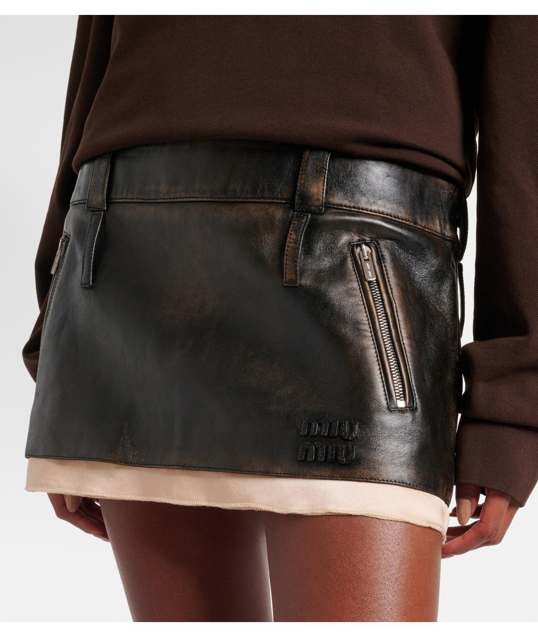 MIU MIU Коричневая кожаная юбка мини, фото 4