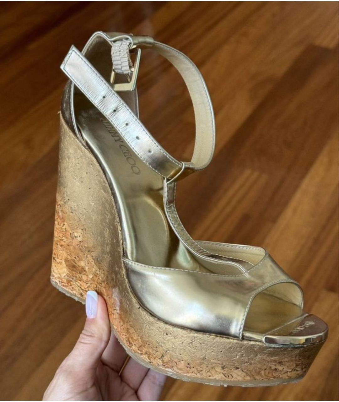 JIMMY CHOO Золотые кожаные босоножки, фото 3