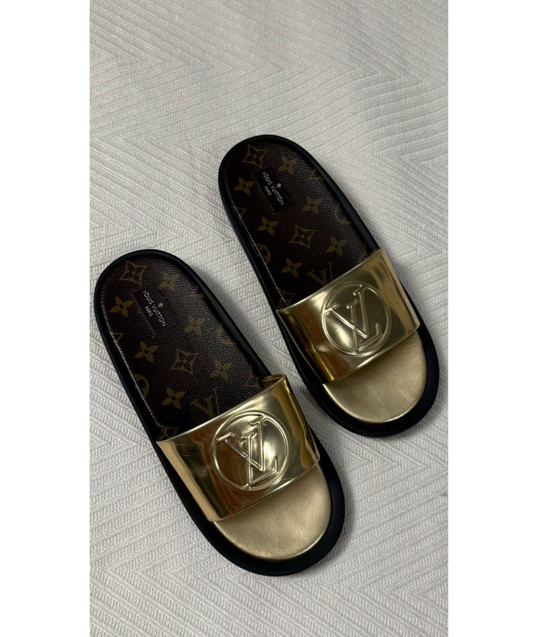 LOUIS VUITTON Золотые кожаные шлепанцы, фото 8