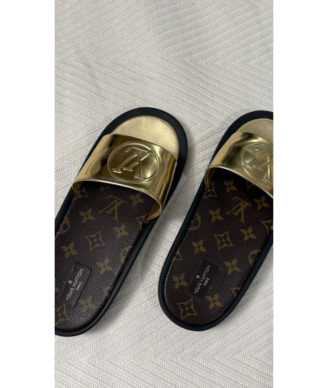 LOUIS VUITTON Золотые кожаные шлепанцы, фото 7