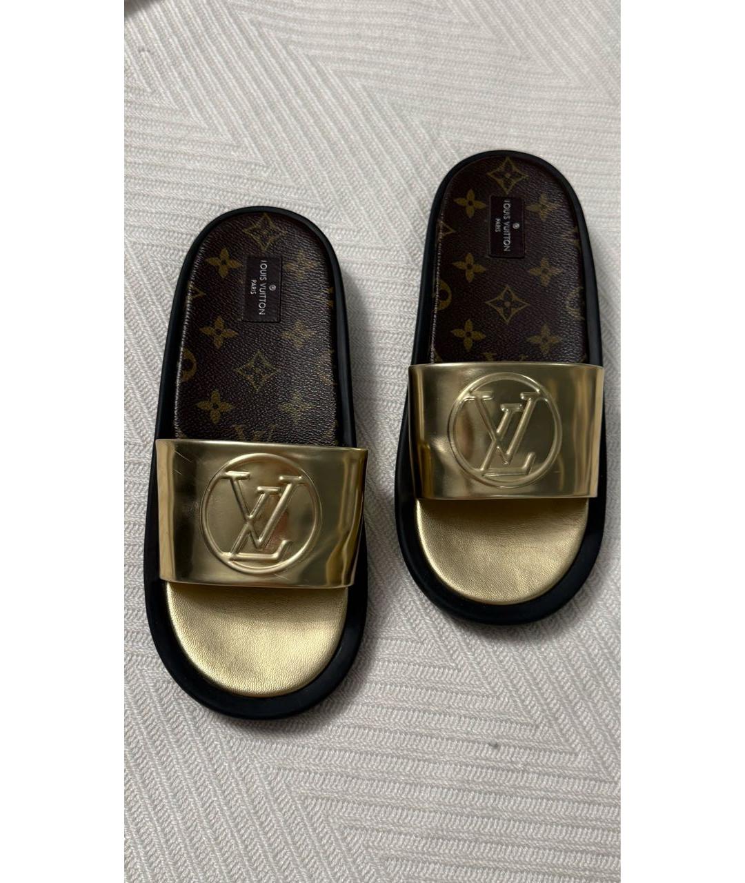 LOUIS VUITTON Золотые кожаные шлепанцы, фото 2