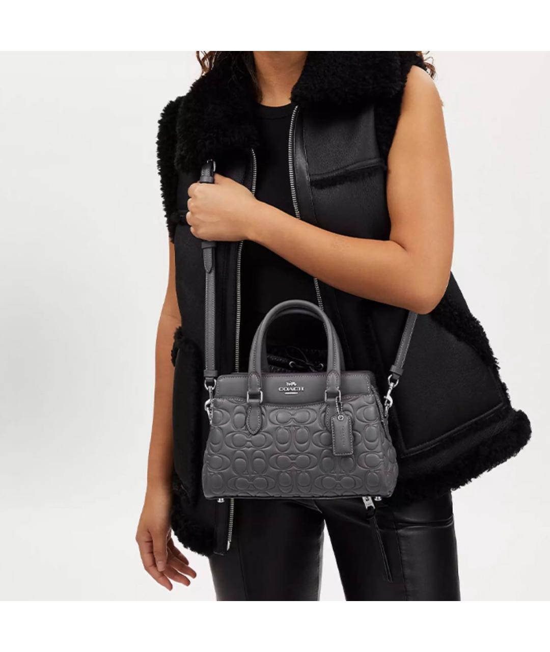 COACH Серая кожаная сумка с короткими ручками, фото 5