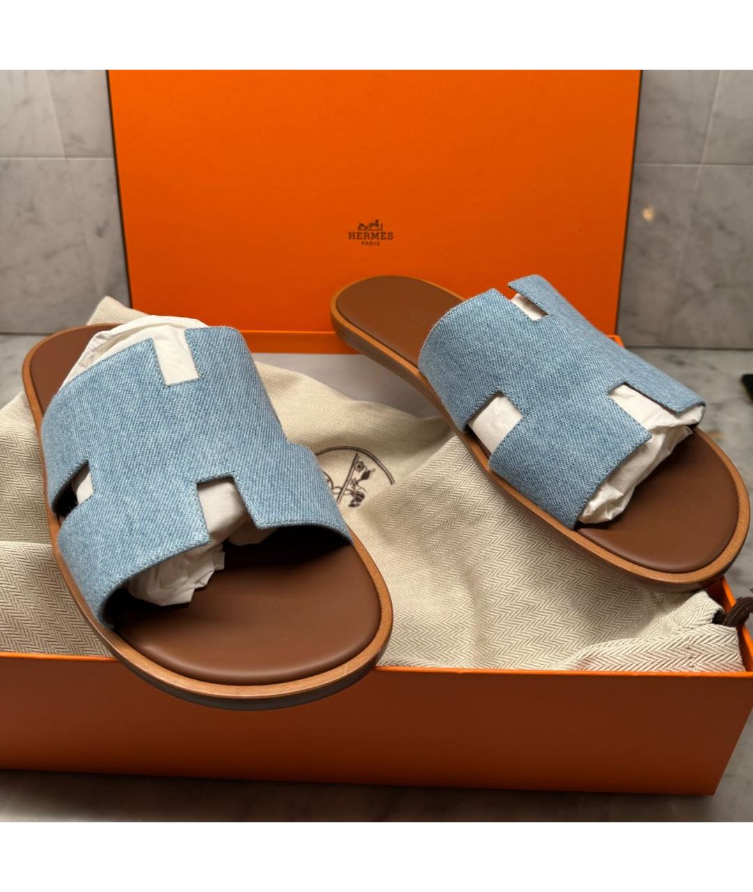 HERMES Голубые текстильные шлепанцы, фото 3