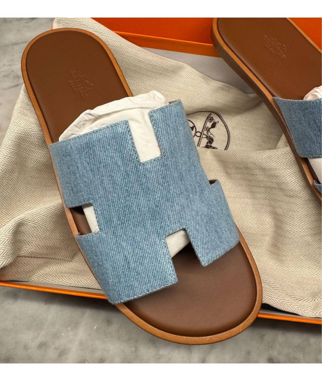 HERMES Голубые текстильные шлепанцы, фото 4