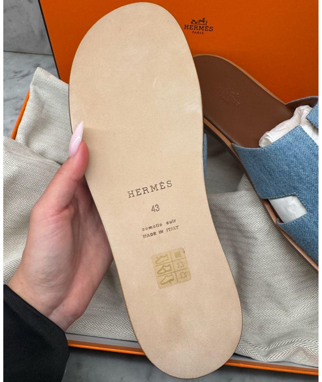 HERMES Голубые текстильные шлепанцы, фото 6