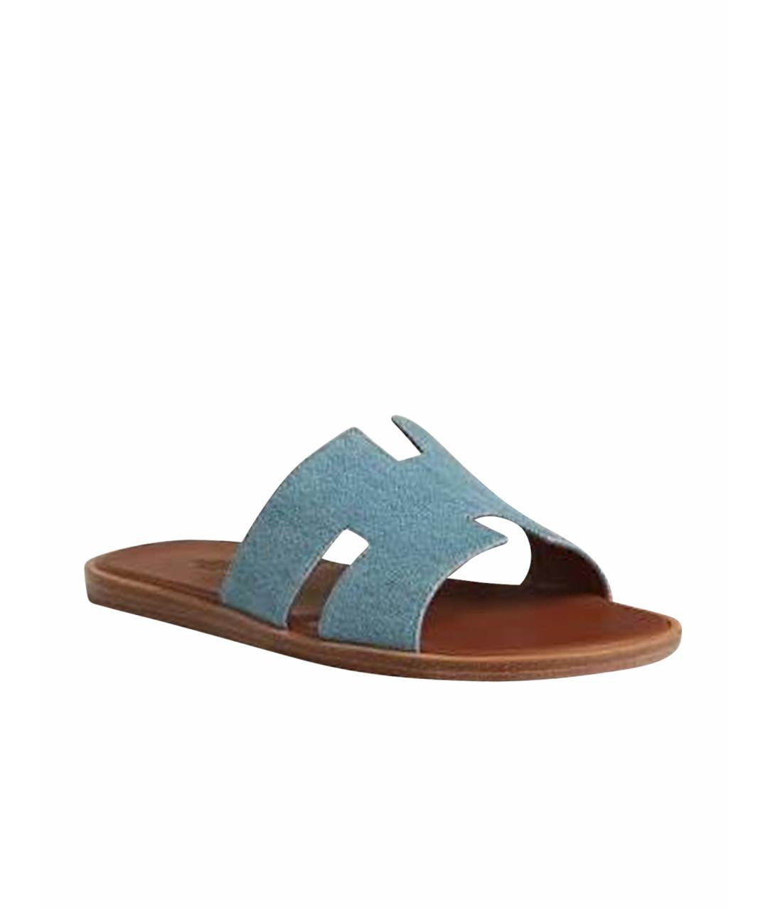 HERMES Голубые текстильные шлепанцы, фото 1
