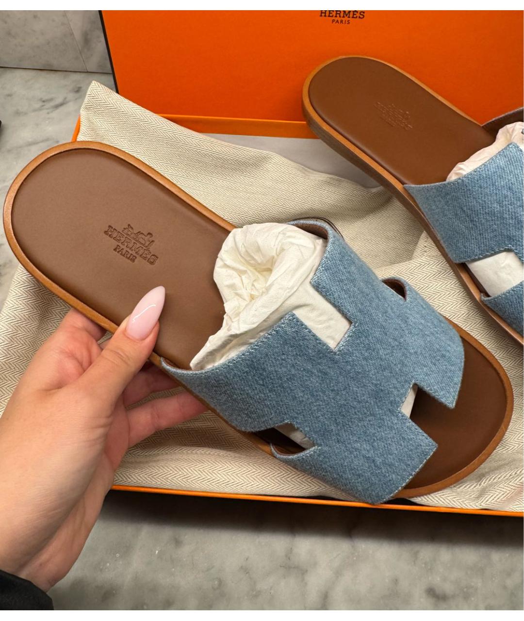 HERMES Голубые текстильные шлепанцы, фото 5