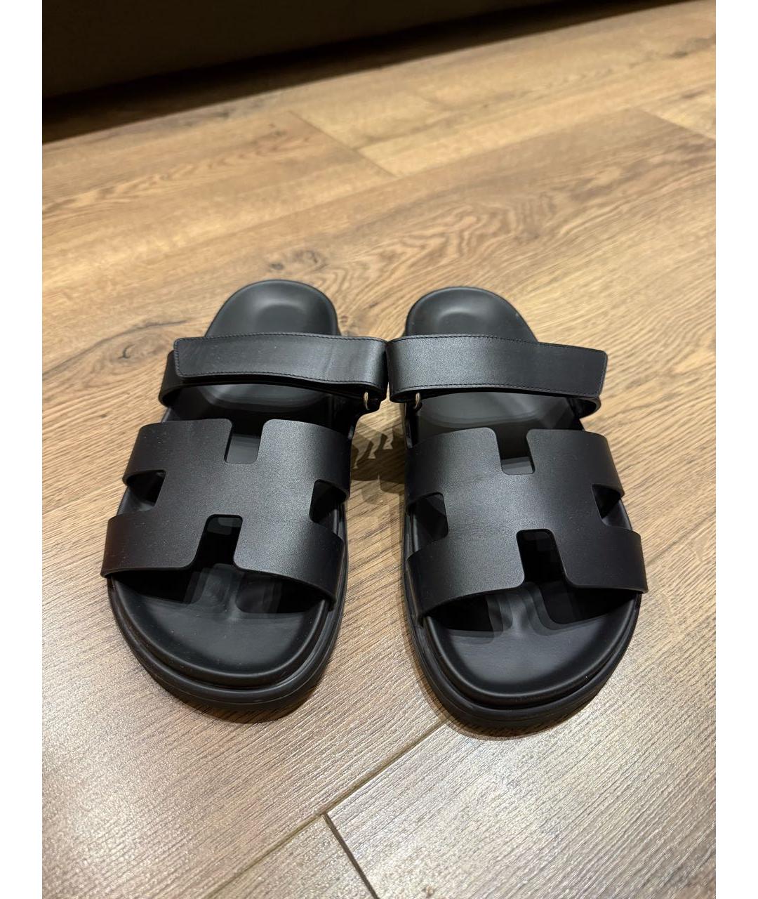 HERMES Черные кожаные шлепанцы, фото 2