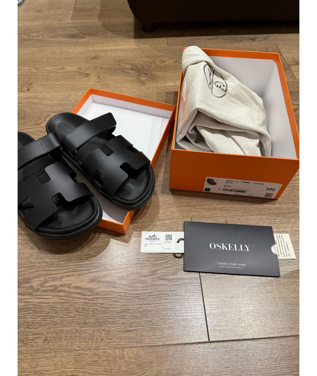 HERMES Черные кожаные шлепанцы, фото 5