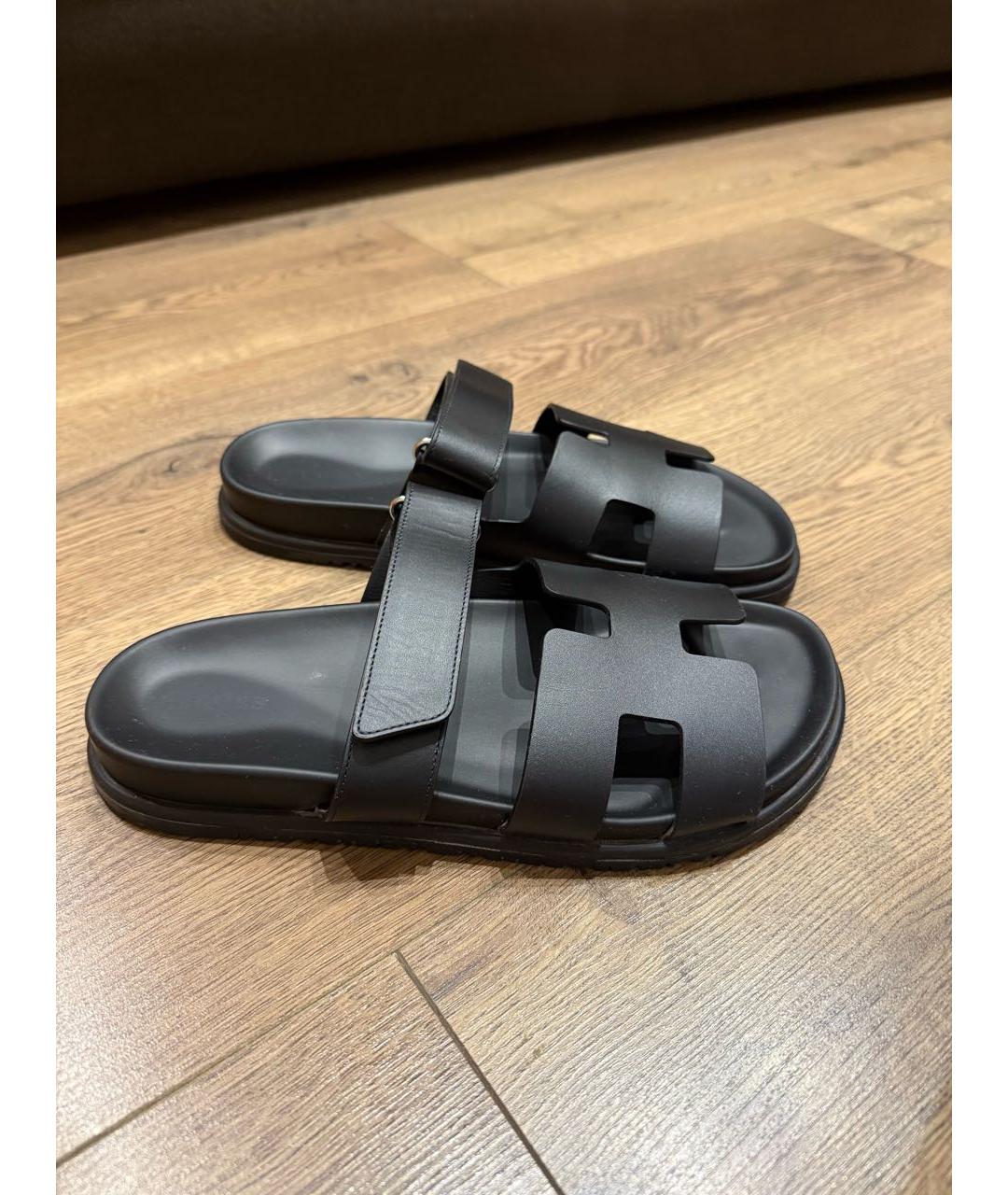 HERMES Черные кожаные шлепанцы, фото 9
