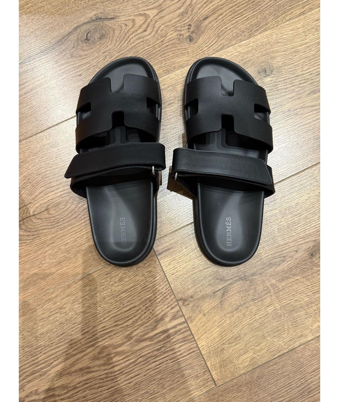 HERMES Черные кожаные шлепанцы, фото 3