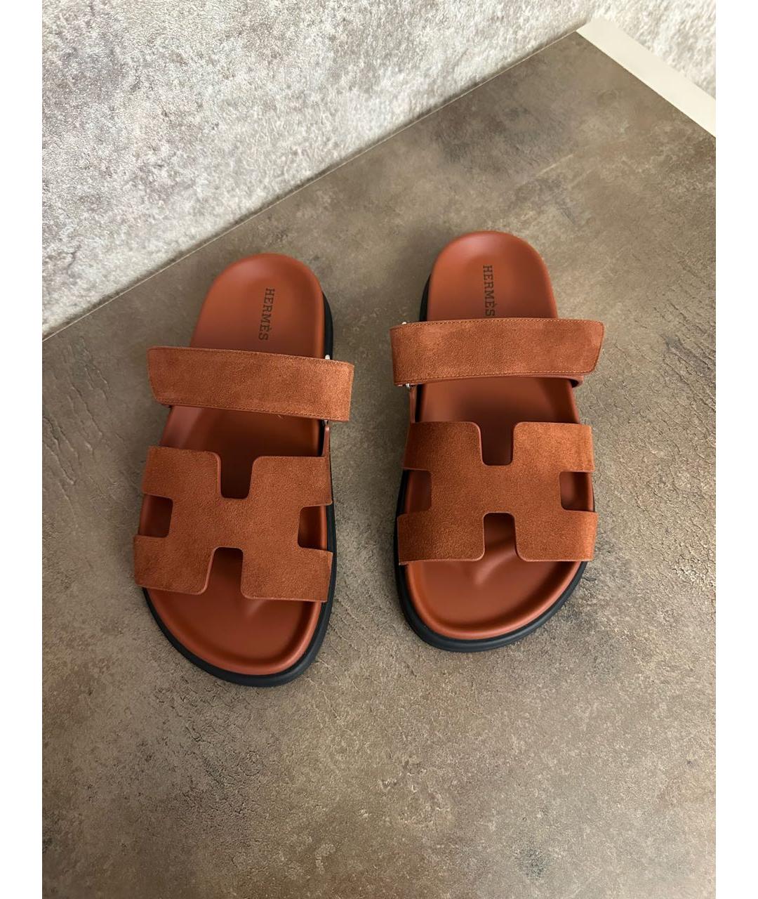 HERMES Оранжевое замшевые шлепанцы, фото 2