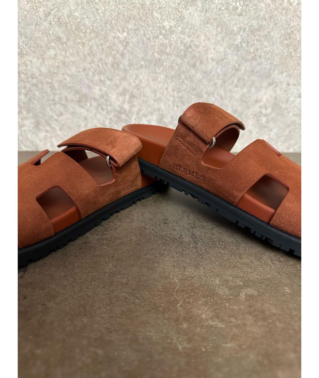 HERMES Оранжевое замшевые шлепанцы, фото 4