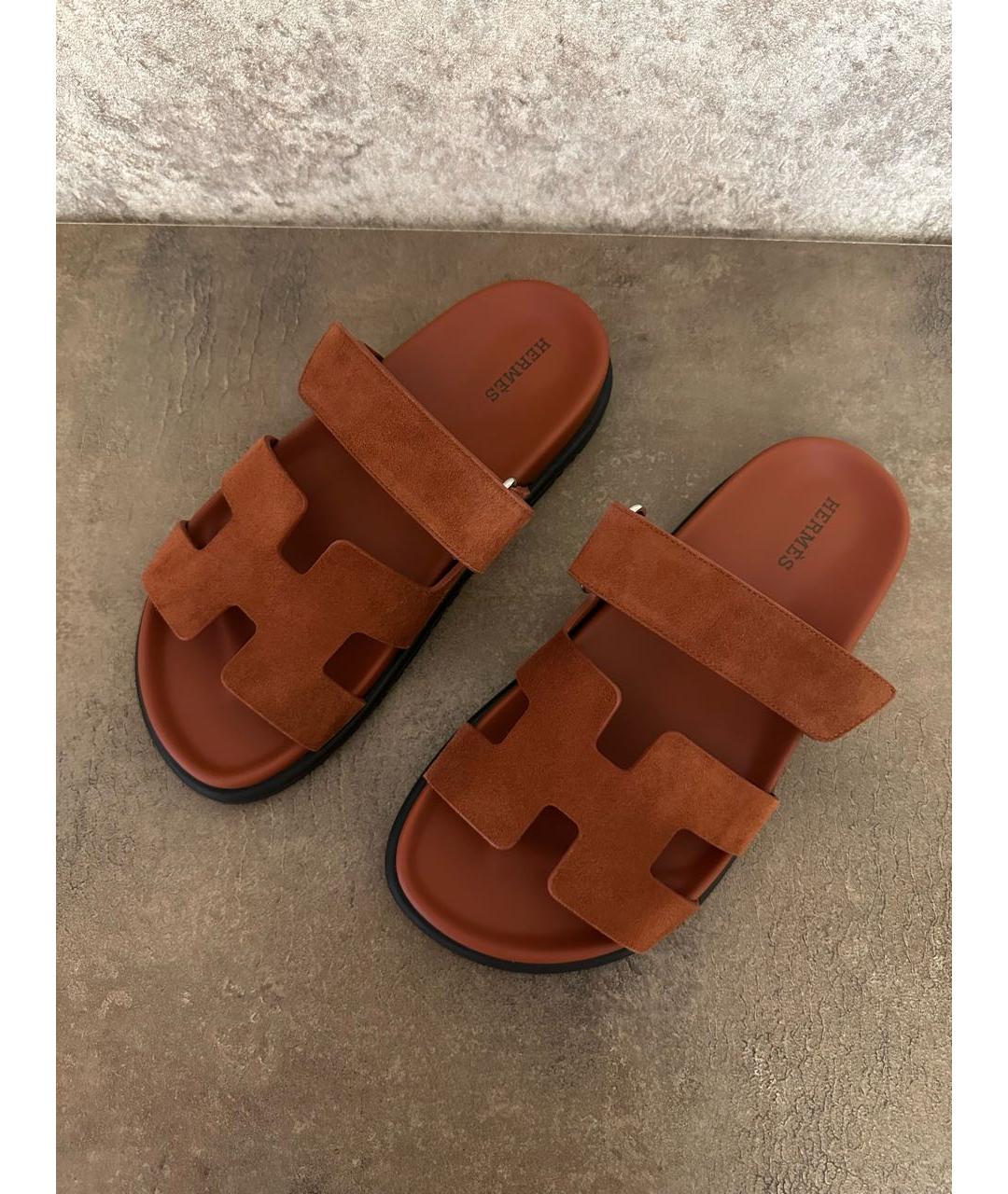 HERMES Оранжевое замшевые шлепанцы, фото 3