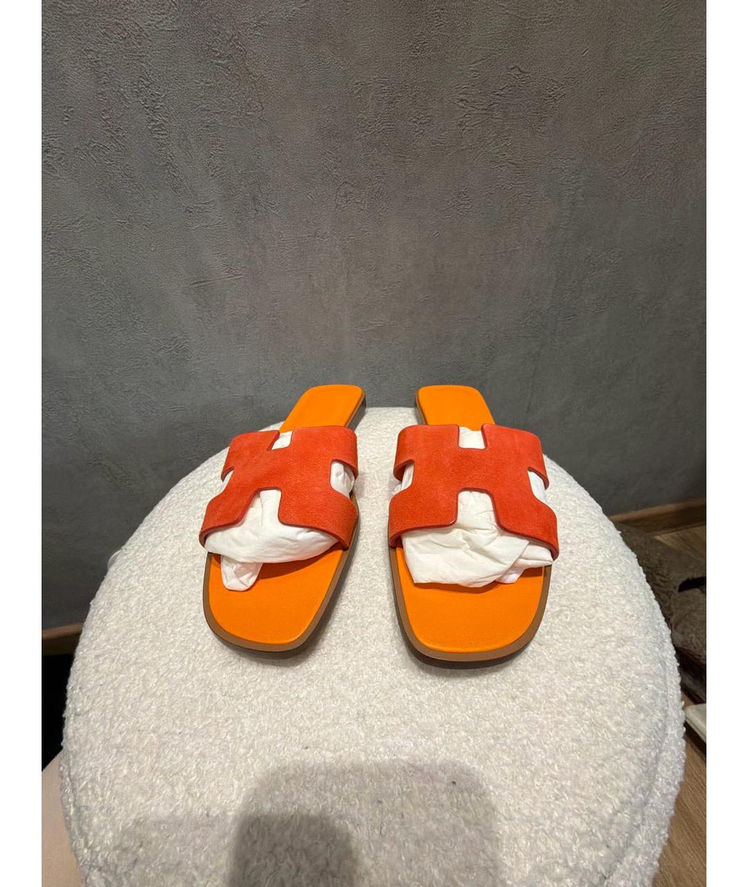 HERMES Оранжевое замшевые шлепанцы, фото 2