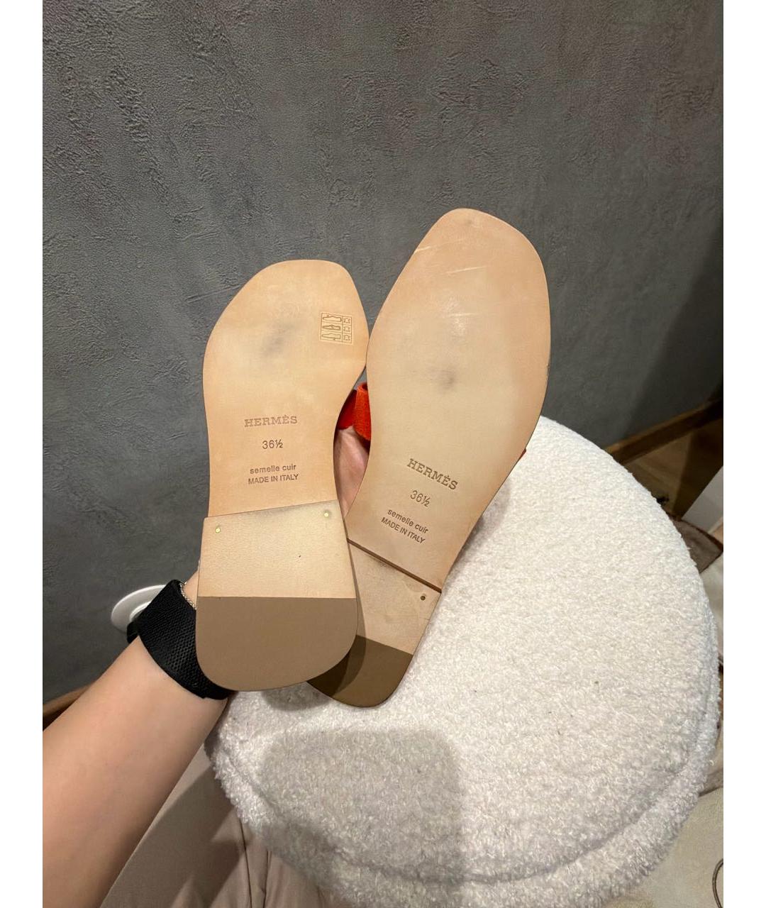 HERMES Оранжевое замшевые шлепанцы, фото 5
