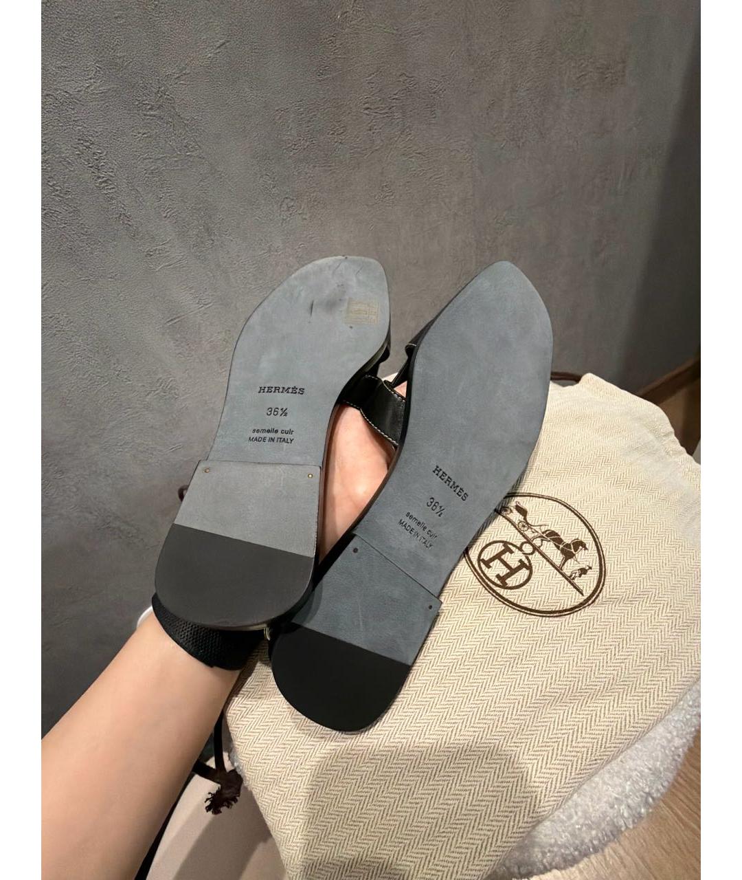 HERMES Черные кожаные шлепанцы, фото 5
