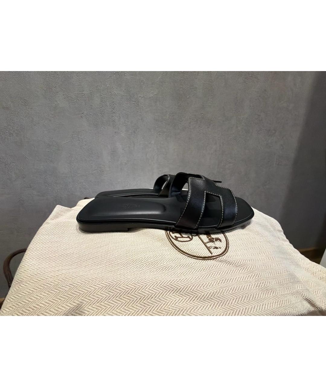 HERMES Черные кожаные шлепанцы, фото 7