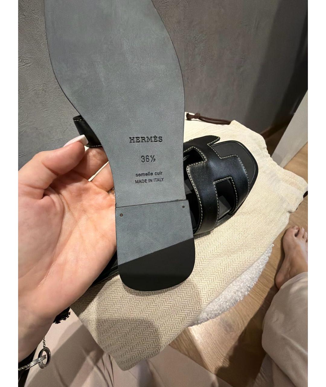 HERMES Черные кожаные шлепанцы, фото 6