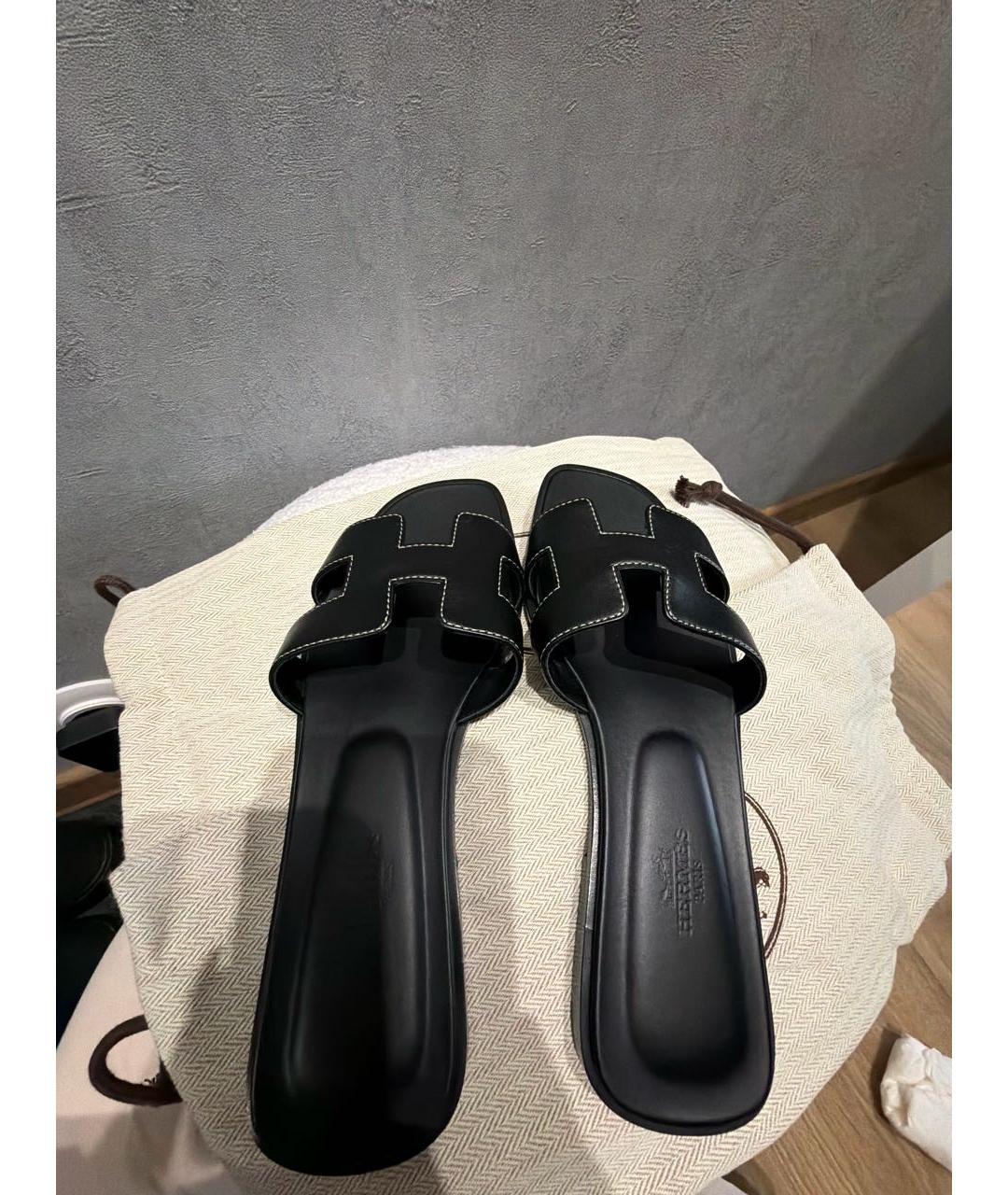 HERMES Черные кожаные шлепанцы, фото 3