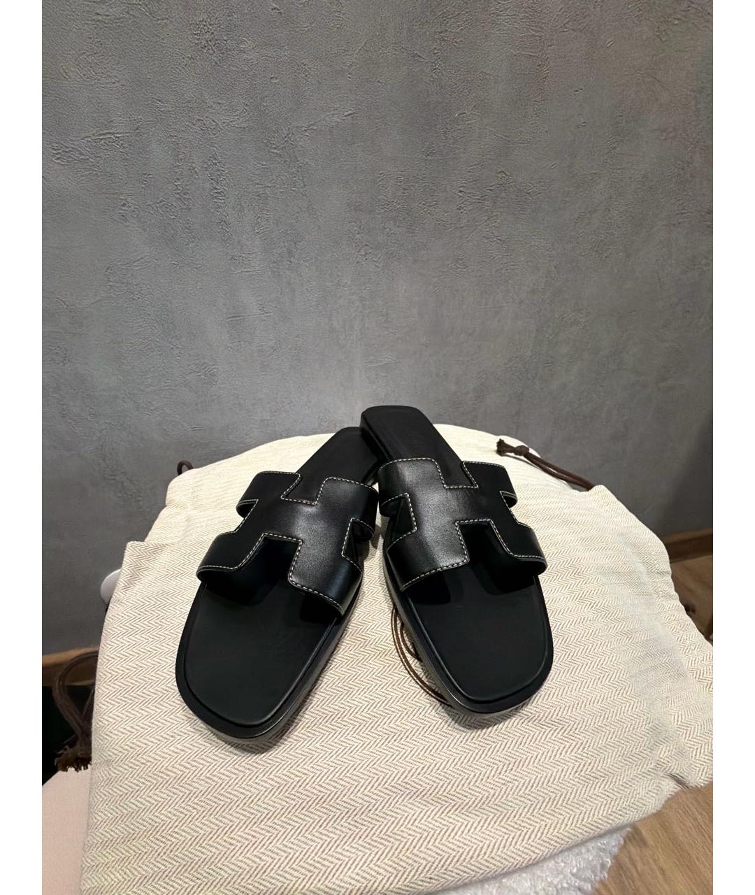 HERMES Черные кожаные шлепанцы, фото 2